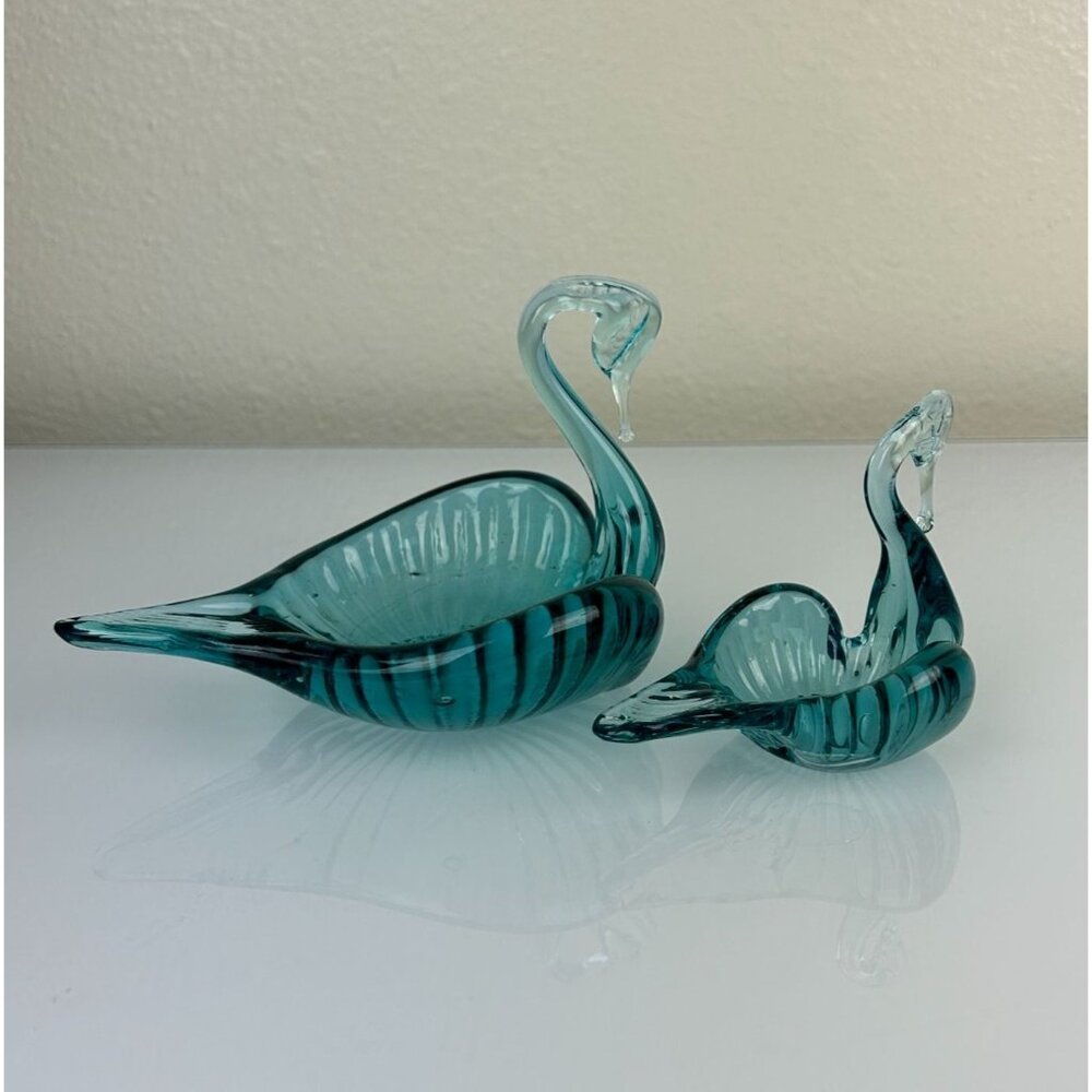 Vintage Green Blue Glass Art Swan Set, Large & Small, Home Decor Gift - Picture 8 of 13